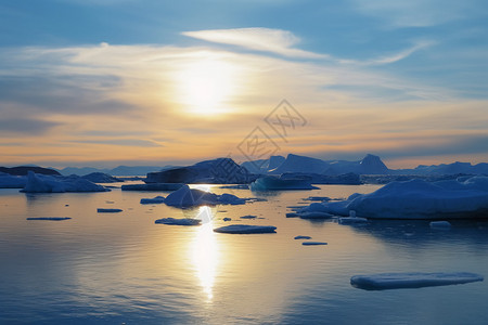 冰川融化冰川上空的夕阳背景