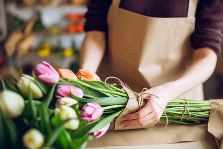 花束包装花店里的郁金香花束背景