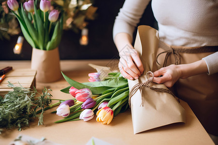 花束包装牛皮纸包装的郁金香花束背景