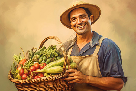 拿着叉子的农民农民拿着一篮子新鲜收获的蔬菜插画