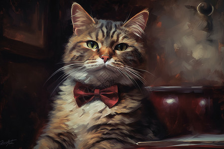 带金牌的猫带领结的猫咪的油画插画