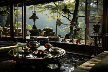 竹林中的舒适茶馆背景图片