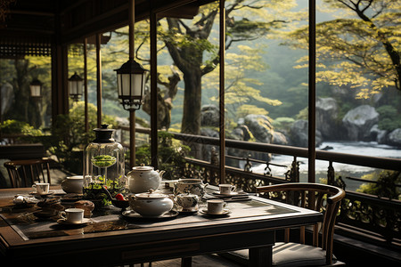 竹林环绕的茶馆背景图片