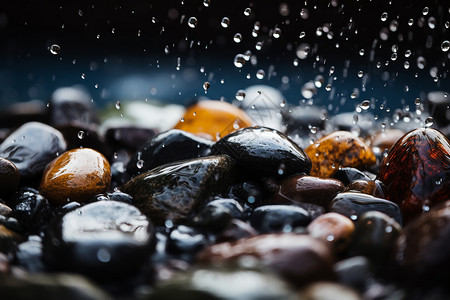 户外鹅卵石的雨滴和落叶背景图片