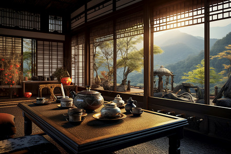 户外美丽风景的茶馆背景图片