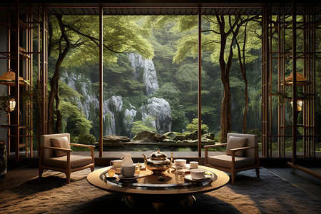 竹林美丽风景的茶馆背景图片