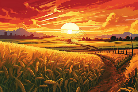 庄稼插画日落时的小麦插画--农林牧渔背景