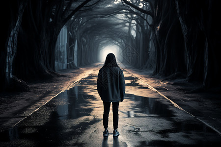 森林里的路黑暗道路里的女孩背景
