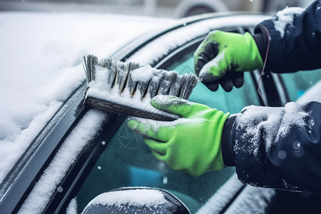 用刷子清理车窗上的积雪高清图片