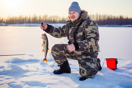 冬季钓鱼素材冬天冰钓的男子背景