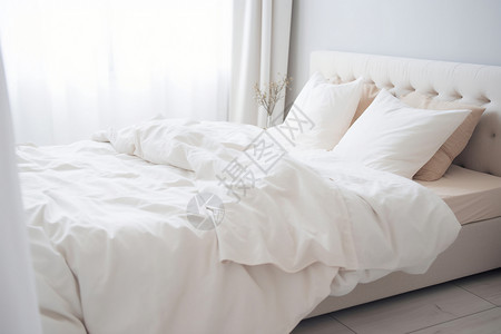 现代卧室的白色床品四件套背景图片