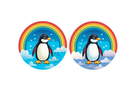彩虹下的小企鹅卡通贴纸图片素材