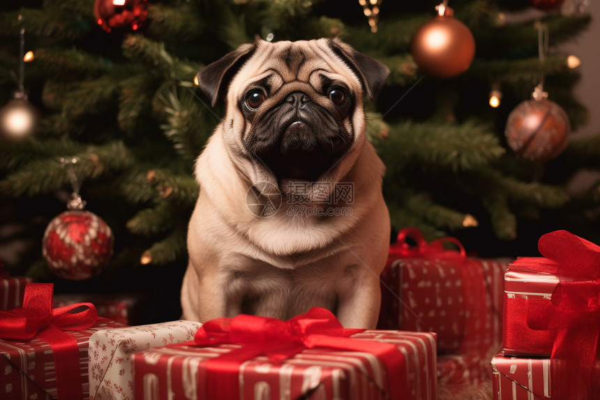 小狗和圣诞礼物图片