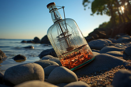 海边岛屿被遗弃的玻璃瓶设计图片