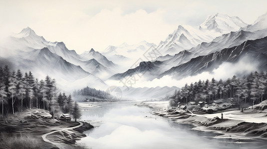 水墨雪山山水风景水墨画插画