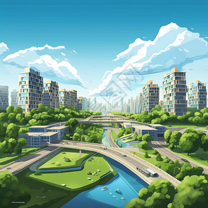 蓝天绿地城市城市森林公园插画