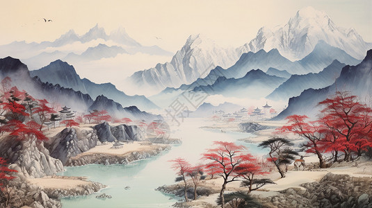 森林湖泊风景画图片