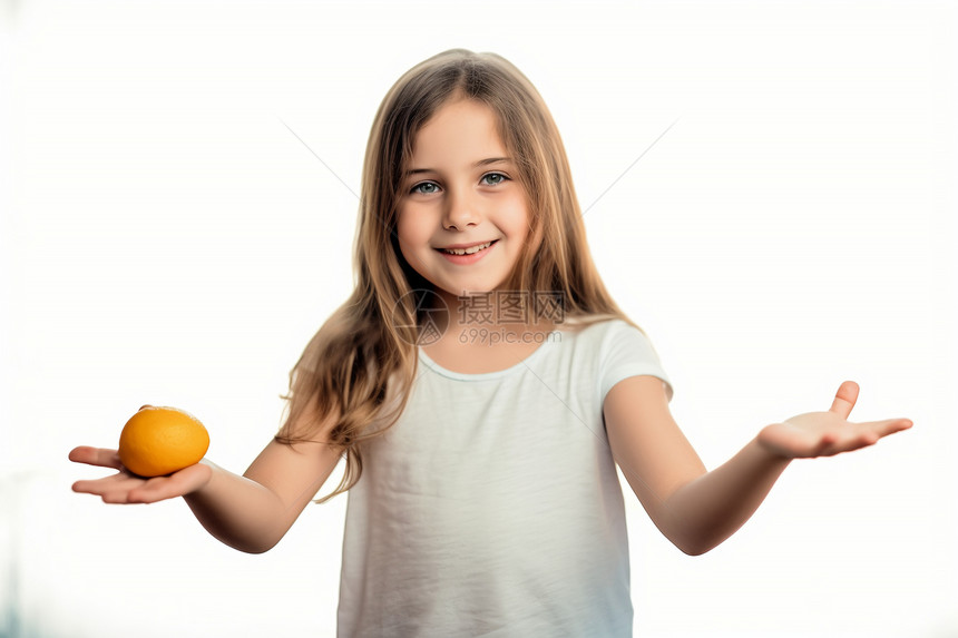 可爱的女孩拿着一个橙子图片