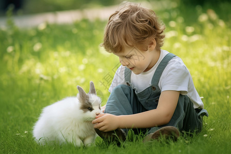 草地上的孩子和兔子图片