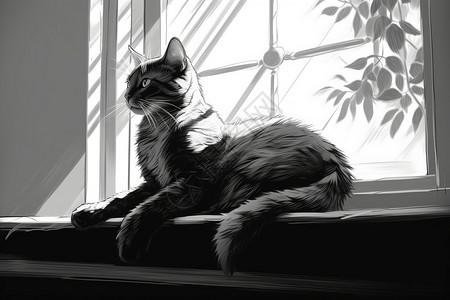 窗台上的猫咪插画背景图片