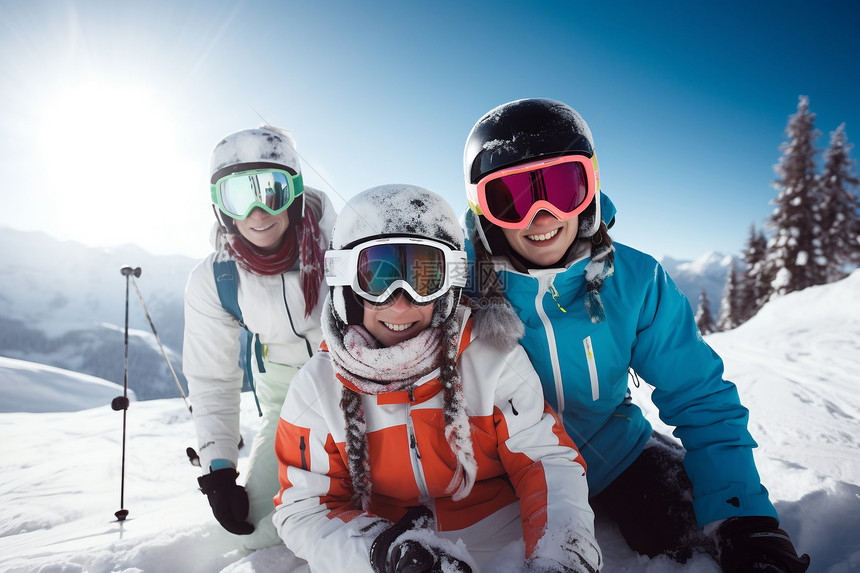 雪山中滑雪的一家人图片