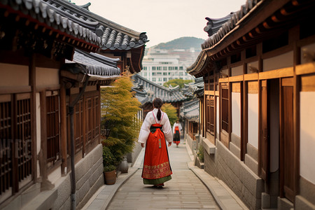 旅游照穿着韩服的女孩背影照背景