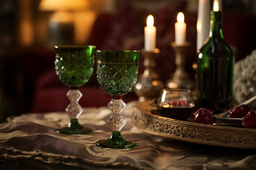 桌上放着翠绿色的酒杯图片
