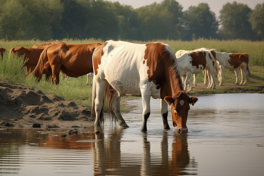 河中喝水的牛图片