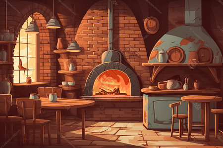 烤箱披萨传统烤箱的披萨店插画