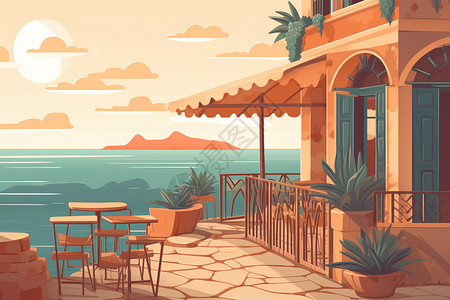地中海阳台户外的地中海餐厅插图插画
