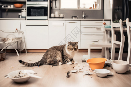 杂乱厨房打翻餐具的小猫背景