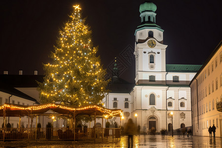 塔上的灯光城市广场上的圣诞树背景