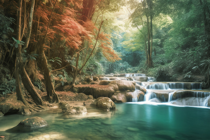 夏天丛林中瀑布的美丽景观图片