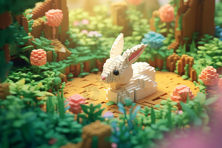 3D积木风格兔子模型插画