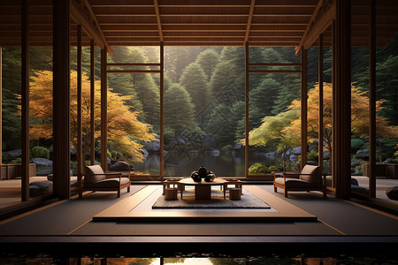 竹林中的新中式茶馆背景图片