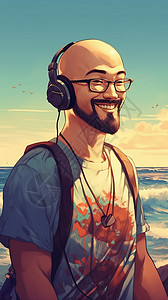 男设计师素材夏天海边的光头男插画