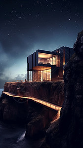海滨夜景光线温暖的悬崖建筑插画