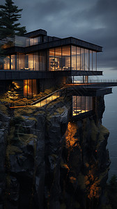 海滨夜景悬崖上的房屋插画