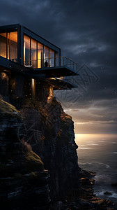 海滨夜景悬崖上的现代建筑插画