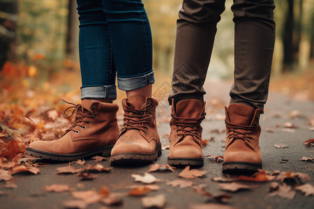 穿马丁靴的人秋天公园游玩的情侣背景