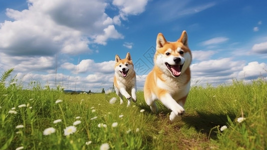 蓝天奔跑夏天草地上的狗狗背景