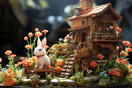 城堡模型前的兔子背景