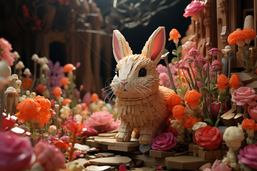 花丛中的兔子模型图片