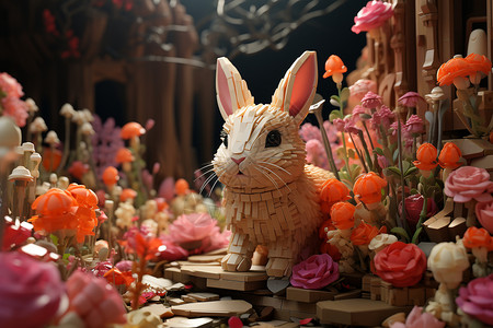 艺术体花丛中的兔子模型背景