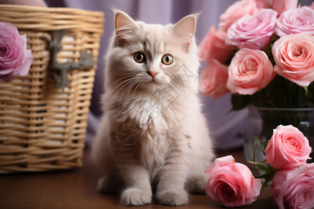 玫瑰花旁的小猫图片