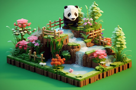 玩具熊猫花朵中的玩具体素熊猫背景
