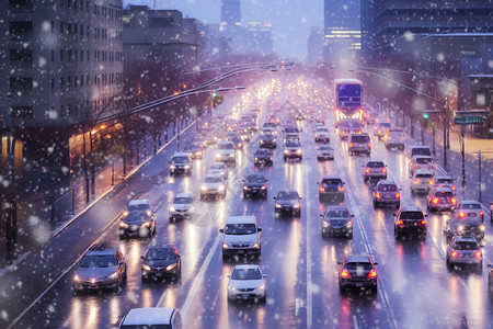 冬天夜晚下雪冬季的城市街道背景