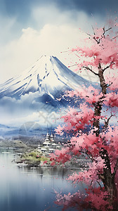 绘画的山脉和桃树图片