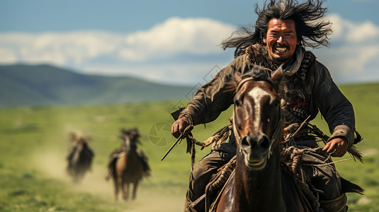 草原上骑马的汉子高清图片