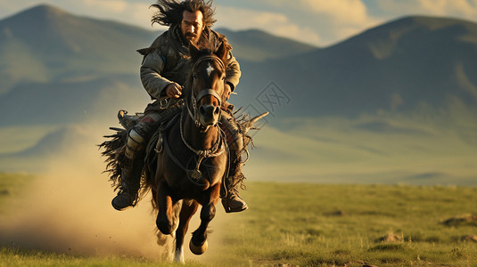 草原中骑马的男人高清图片